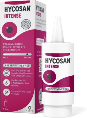 Hycosan Intense eye drops bottle for dry eye relief.