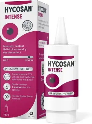 Hycosan Intense eye drops bottle for dry eye relief.