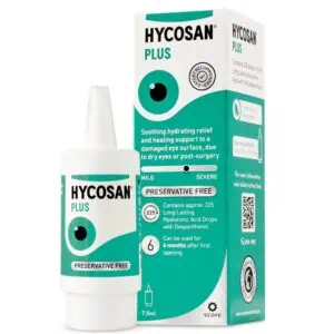 Hycosan Plus eye drops for soothing and hydrating relief, preservative-free.