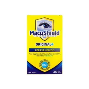 MacuShield Original+ eye health supplement box with eye logo and ingredients.