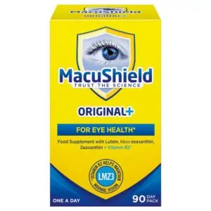 MacuShield Original+ eye health supplement with eye image and blue and yellow packaging.