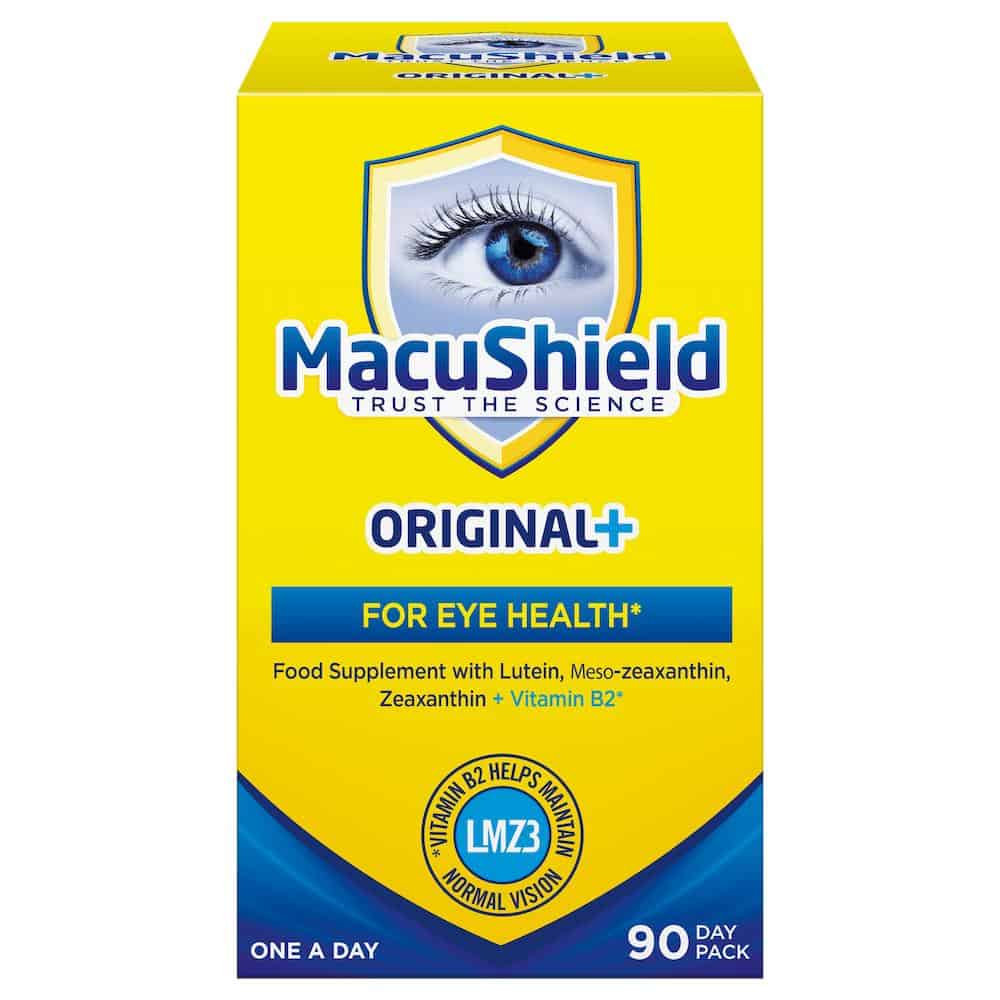 MacuShield Original+ eye health supplement with eye image and blue and yellow packaging.