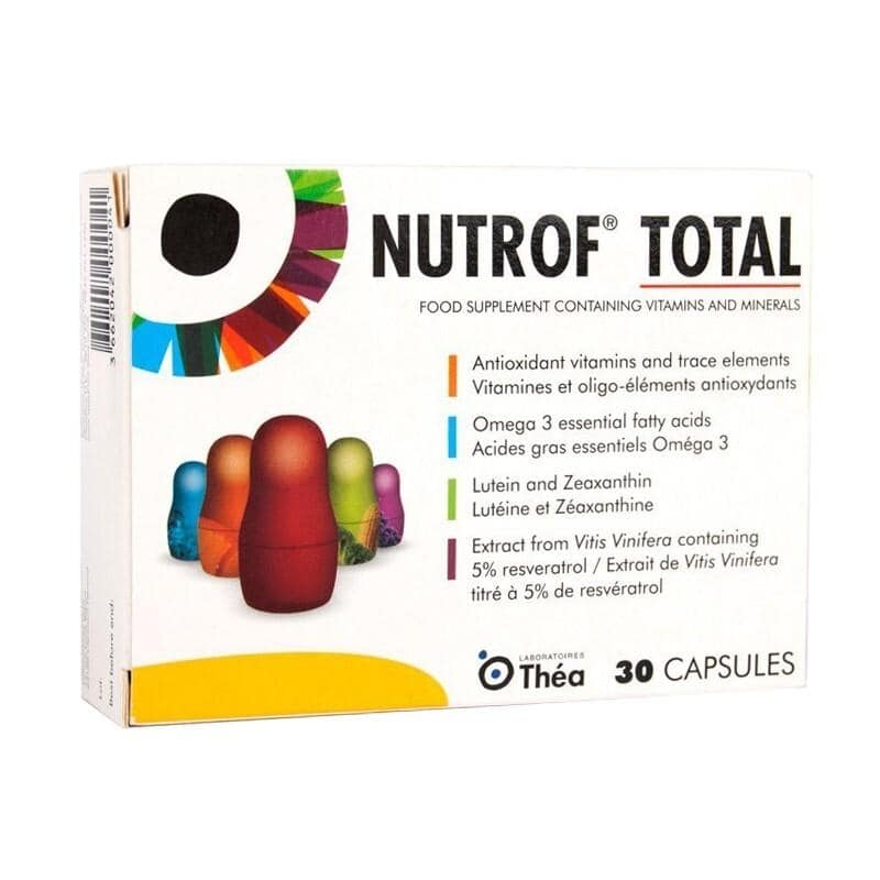 Nutrof Total 30 capsules dietary supplement with vitamins and minerals.