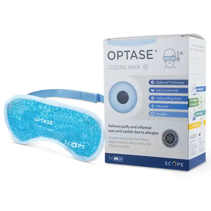 Optase Cooling Mask with adjustable strap and gel pack for eye relief.