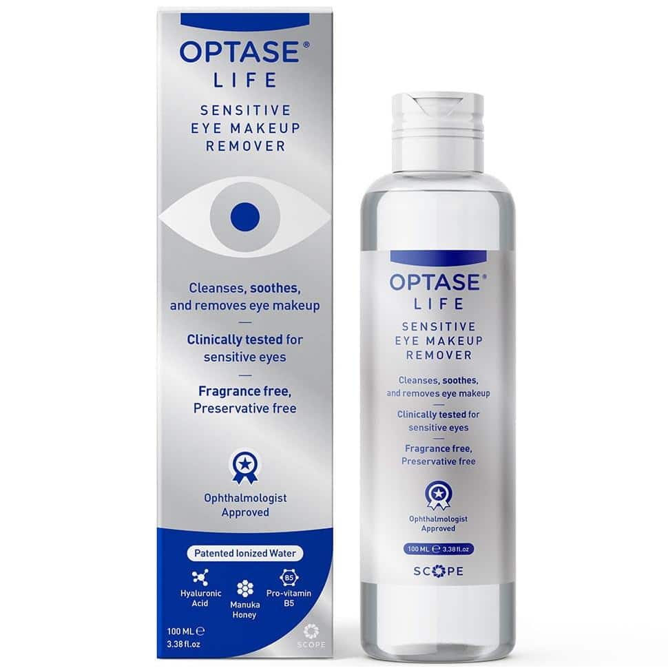 Optase Life Sensitive Eye Makeup Remover bottle with packaging.