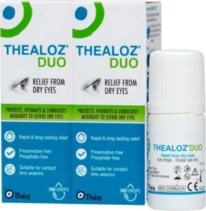 Thealoz Duo eye drops for relief from dry eyes, preservative-free, suitable for contact lens wearers.