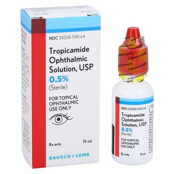 Tropicamide 0.5% ophthalmic solution bottle and box for eye use.