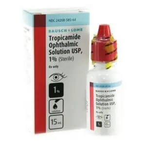 Tropicamide 1% ophthalmic solution bottle and box for eye drops.