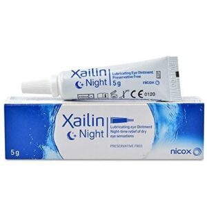 Xailin Night eye ointment tube and box for dry eye relief.